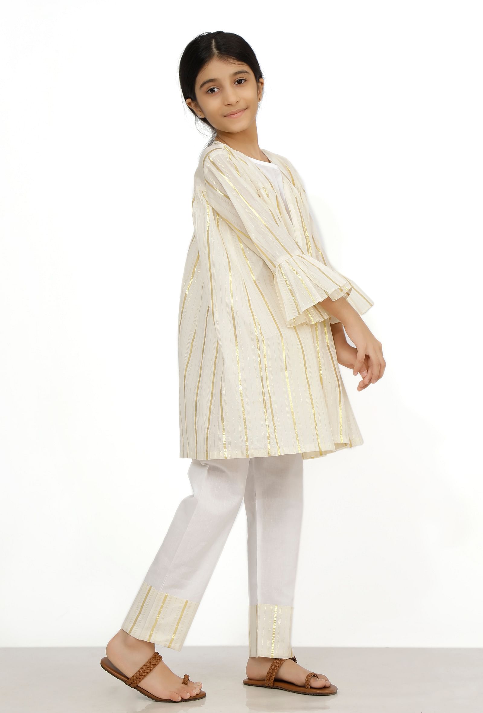 Set of 3: Sand White Cotton Slip Kurta with Stripe Pants and Cape