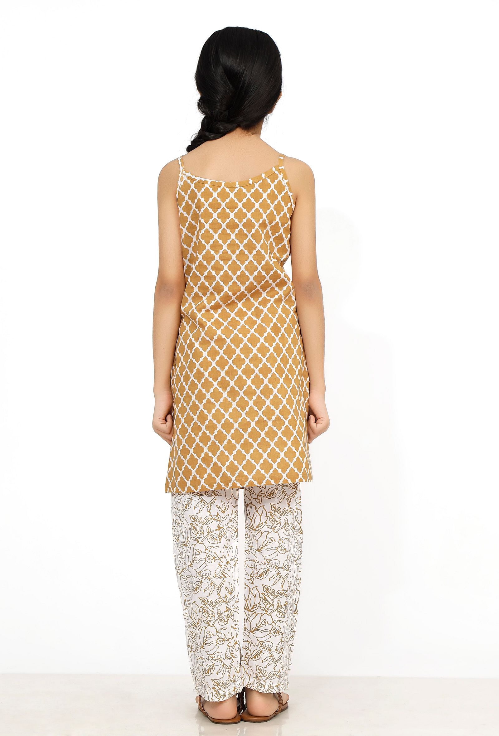 Set of 2: Tuscan Orange Handblock Slip Kurta with Flared Pants