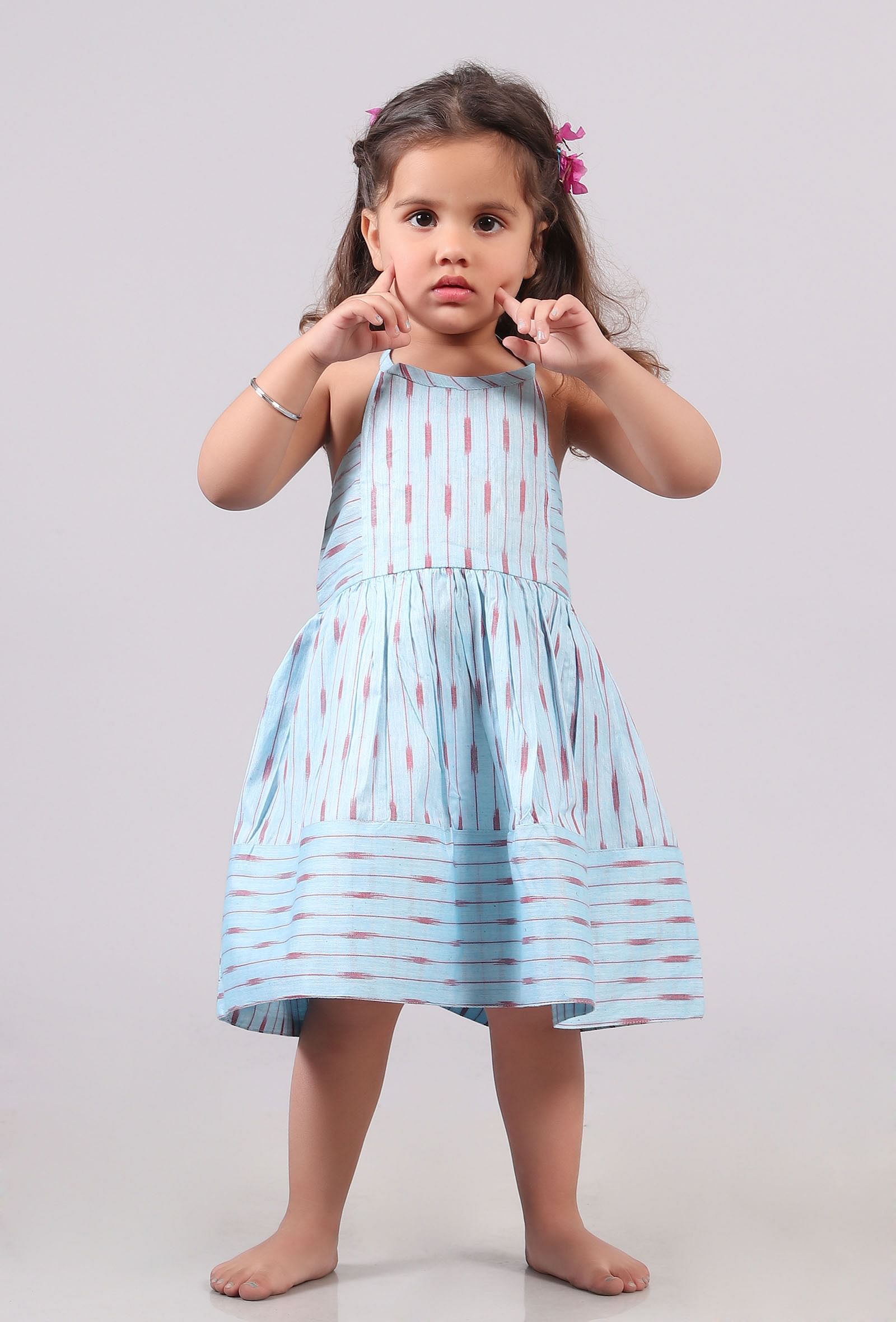 Sky Blue Tie Up Ikat Flared Dress
