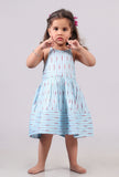 Sky Blue Tie Up Ikat Flared Dress
