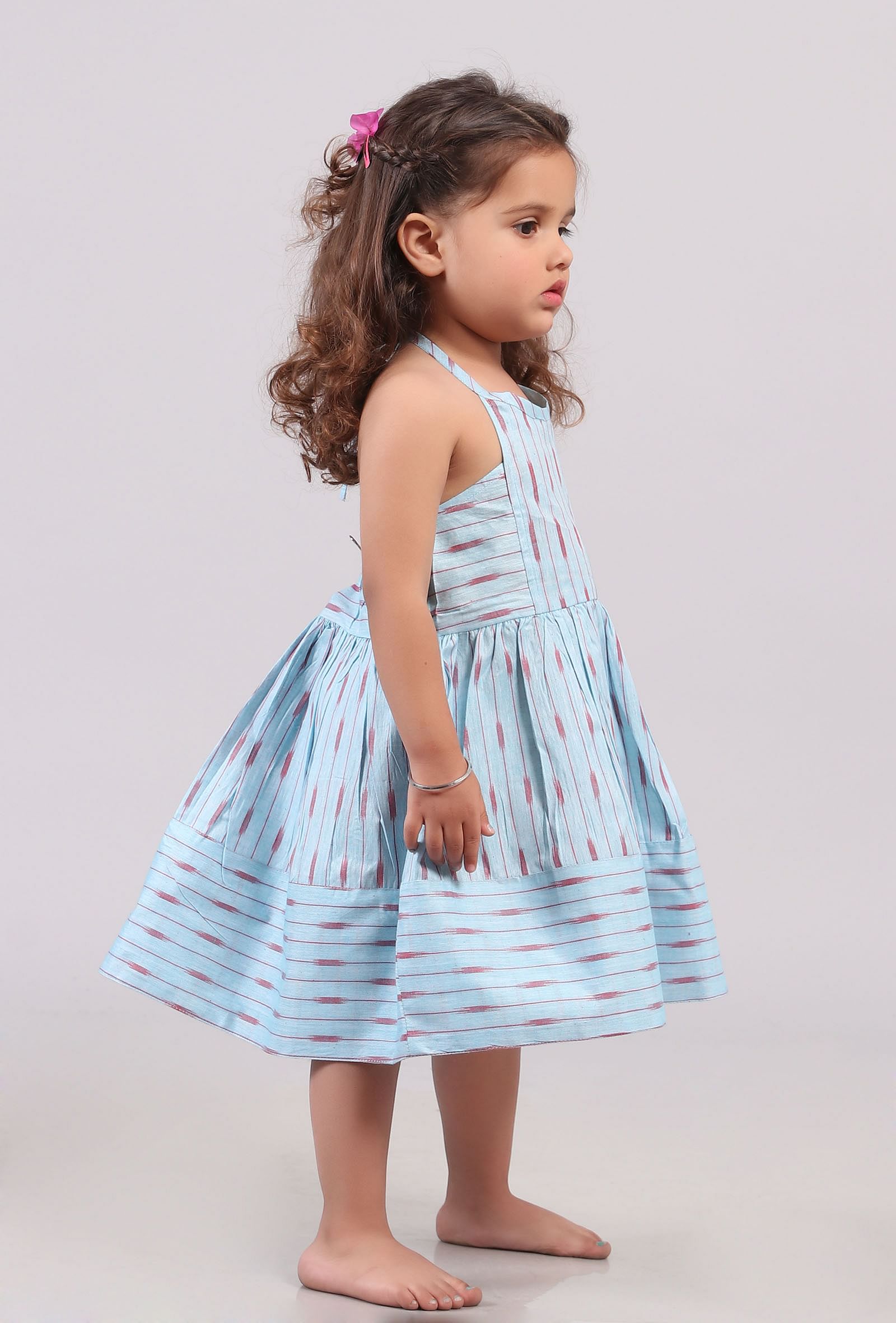 Sky Blue Tie Up Ikat Flared Dress