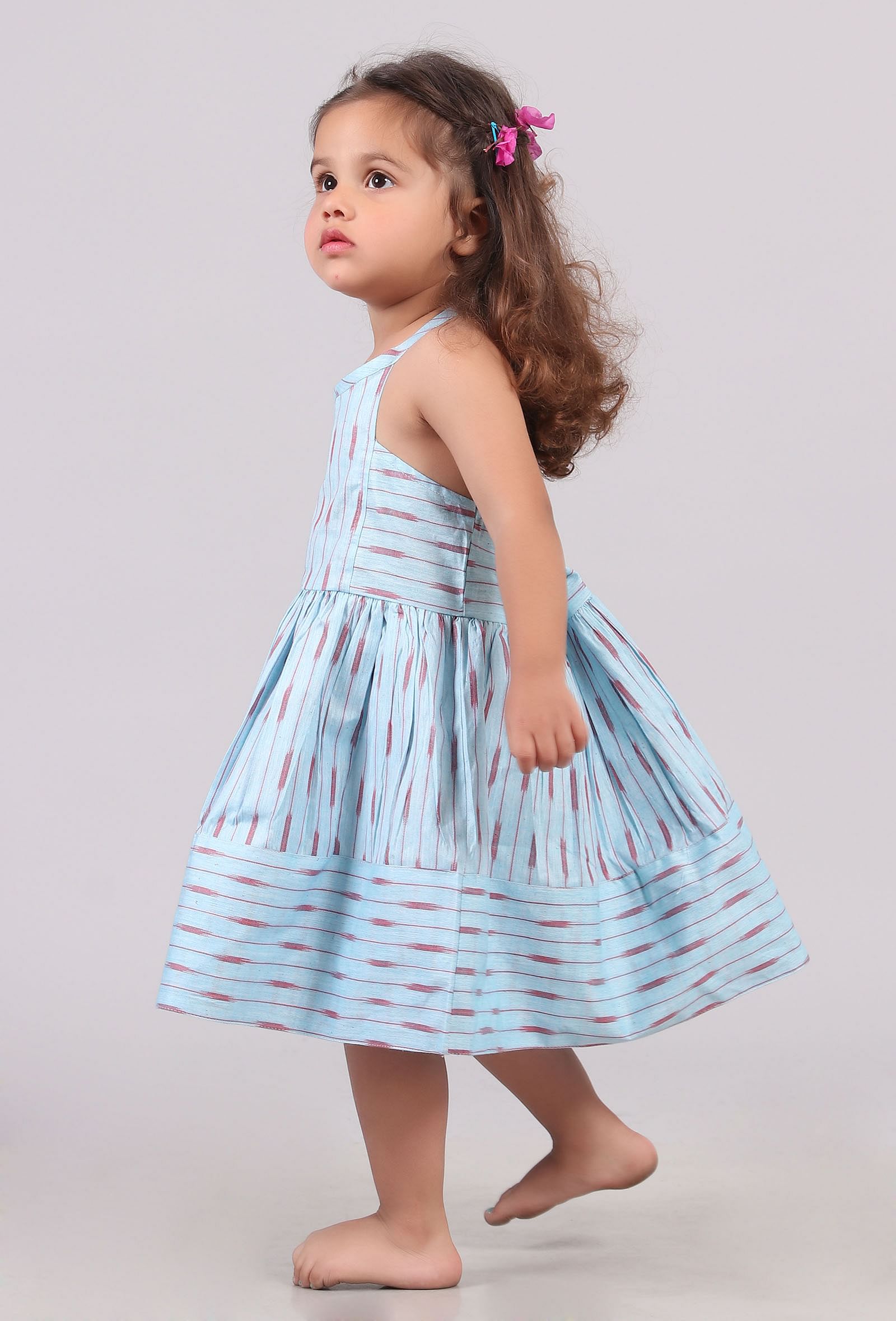 Sky Blue Tie Up Ikat Flared Dress
