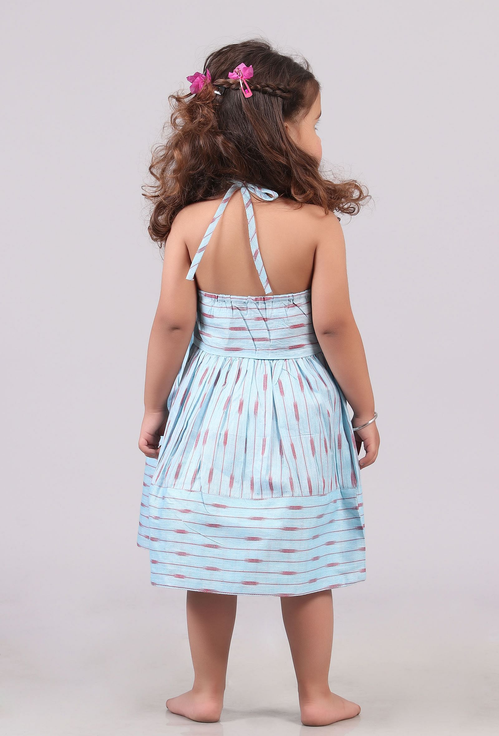 Sky Blue Tie Up Ikat Flared Dress