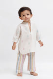 Set Of 2: White Dobby Kurta and Striped Pant
