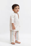 Set Of 2: White Dobby Kurta and Striped Pant