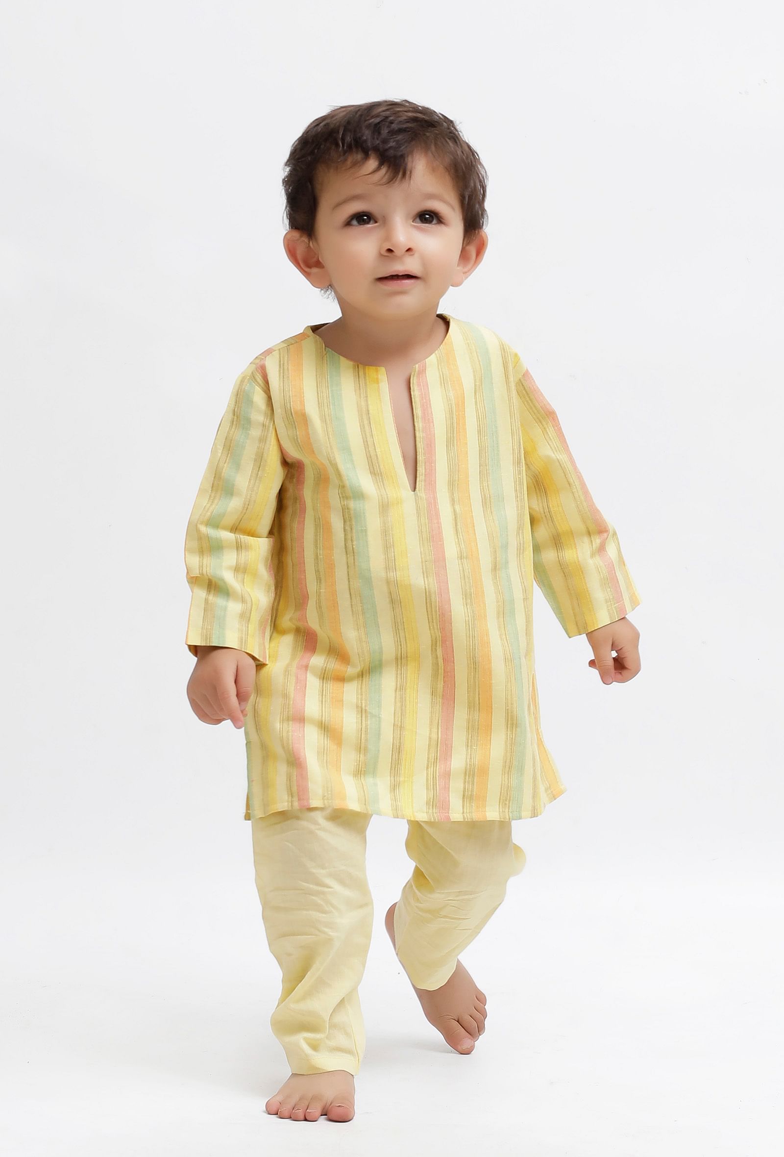 Set Of 2: Yellow Striped Kurta and Yellow Pant
