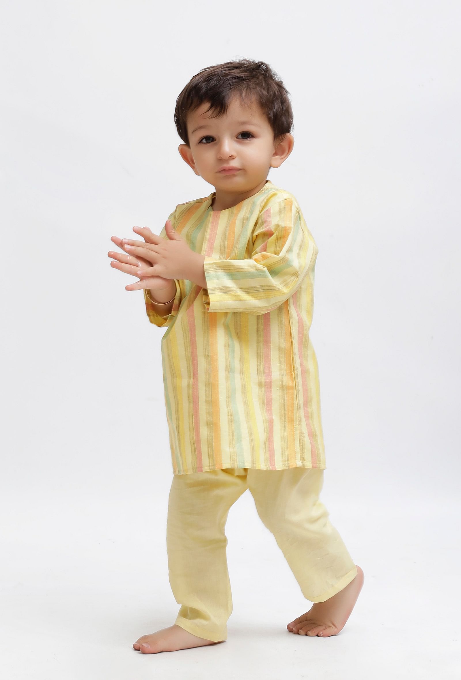Set Of 2: Yellow Striped Kurta and Yellow Pant
