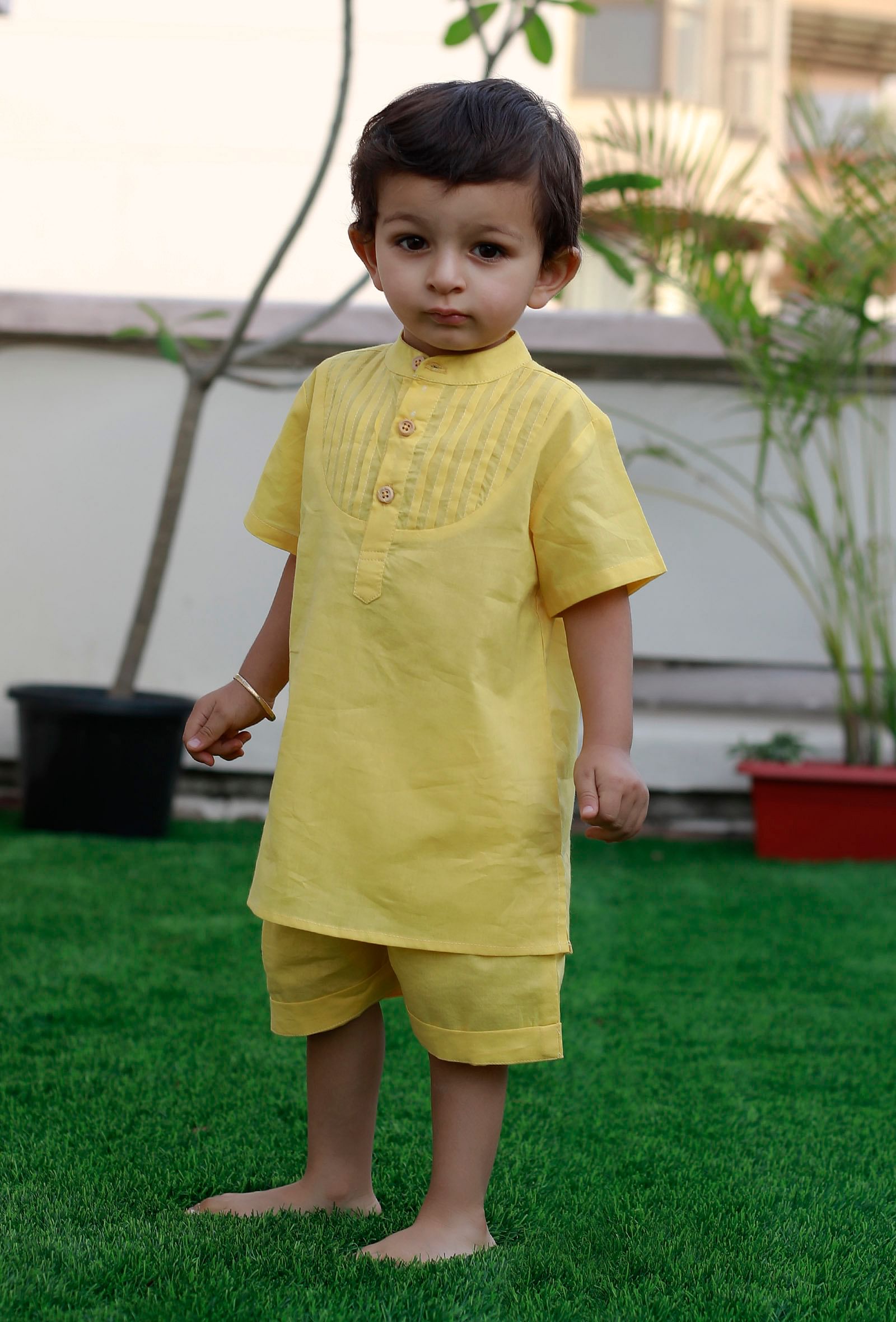 Set Of 2: Sunrise Yellow Cotton Shirt And Yellow Short