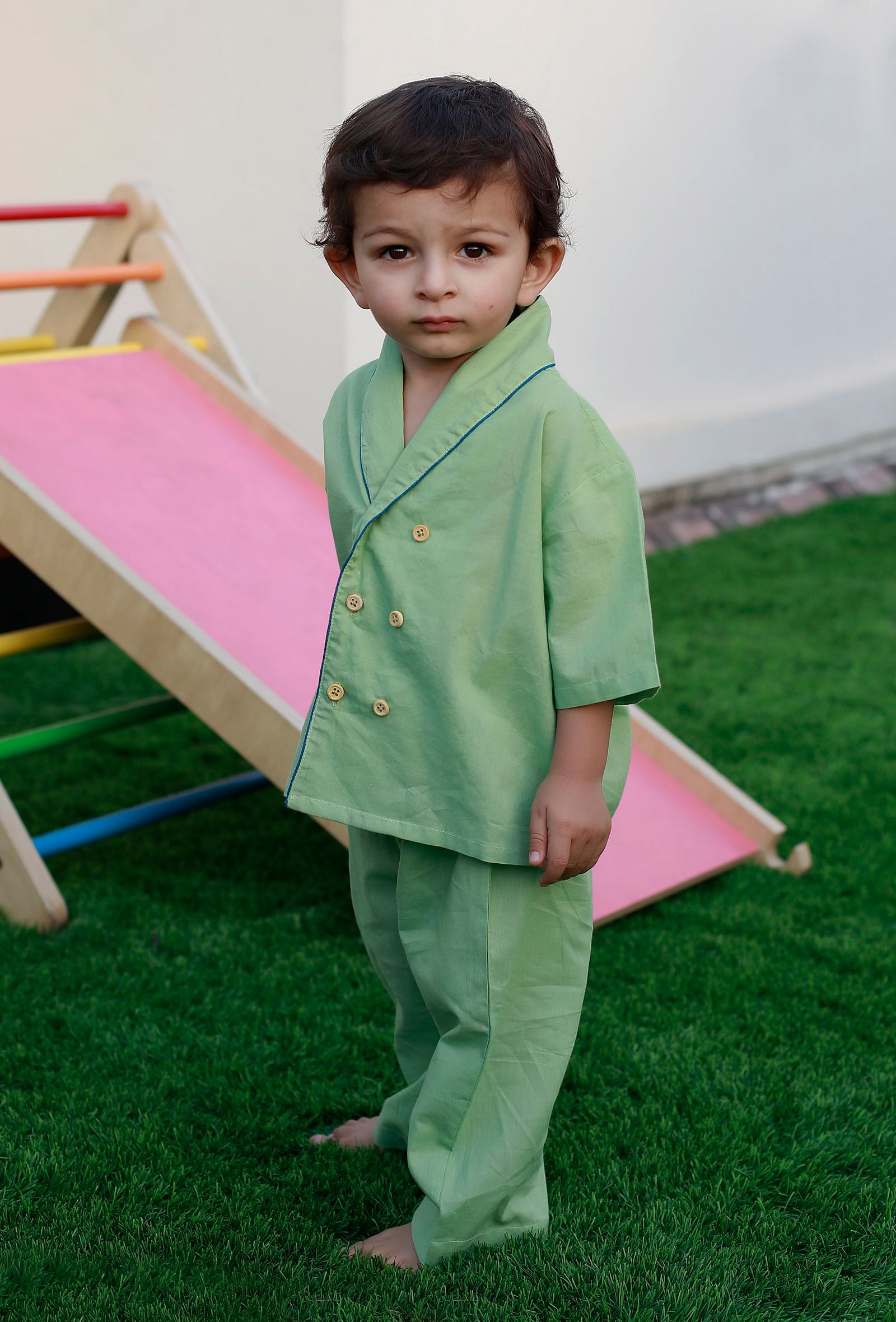 Set Of 2: Betty Green Cotton Shirt And Green Pyjama