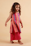 Set of 2: Pink Multicolor Stripe Sleeveless Kurta And Woven Pallazo Pants