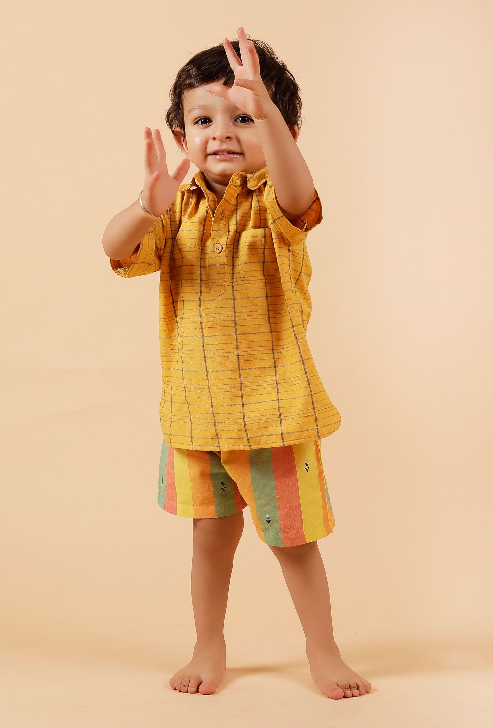 Set Of 2: Yellow Woven Shirt With Yellow Striped Woven Short