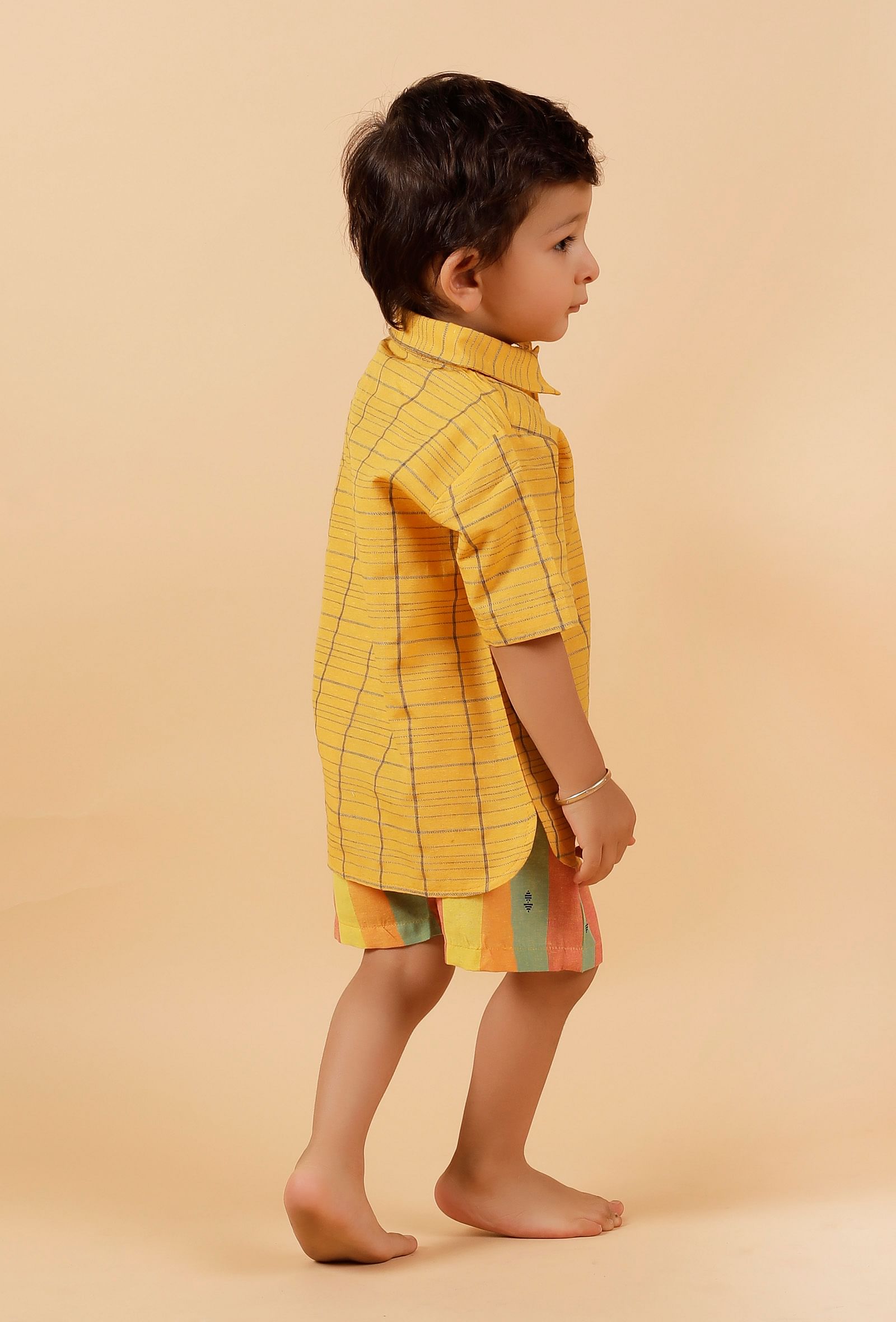Set Of 2: Yellow Woven Shirt With Yellow Striped Woven Short
