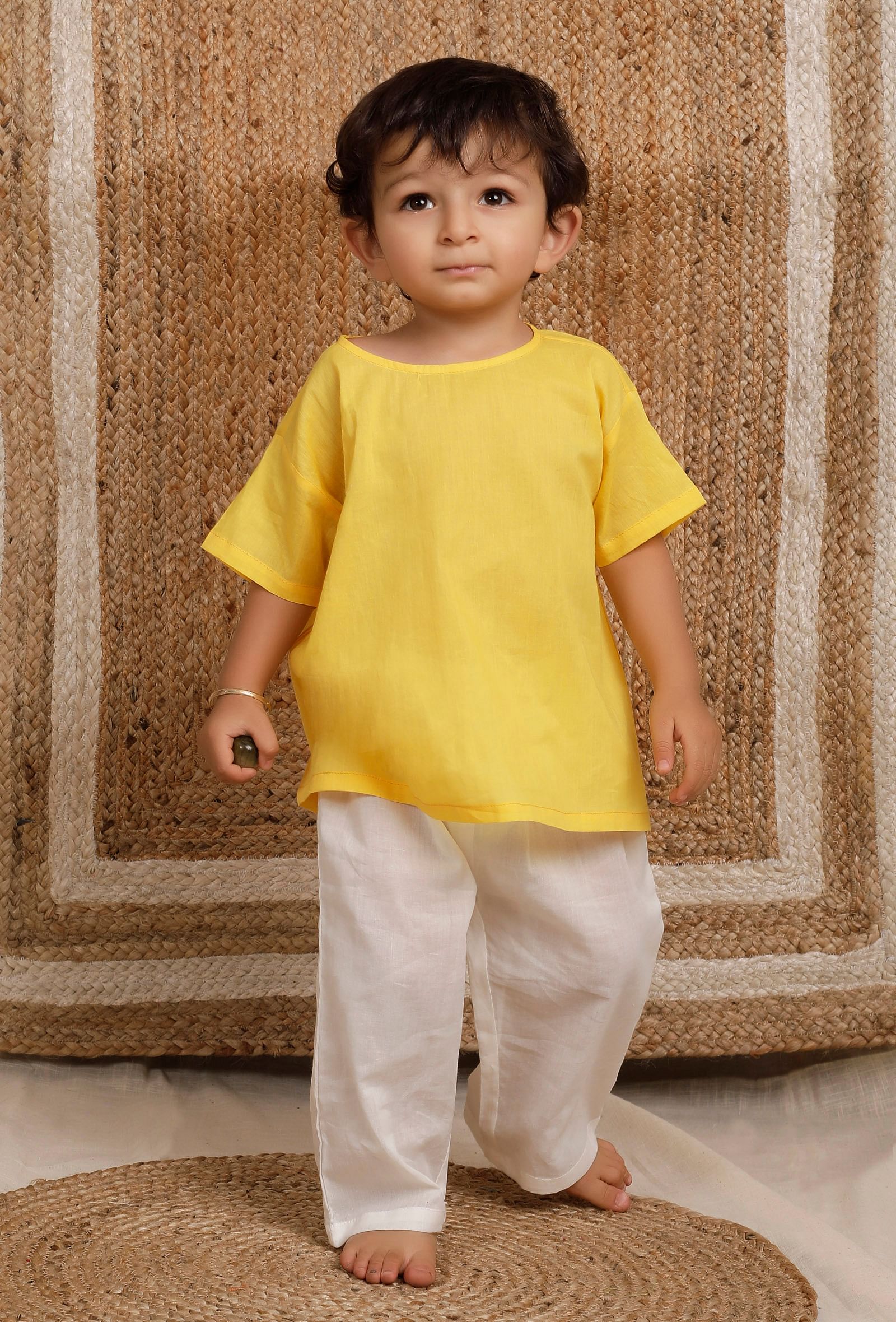 Set Of 2: Yellow Short Mul Mul Kurta With Off-white Pant