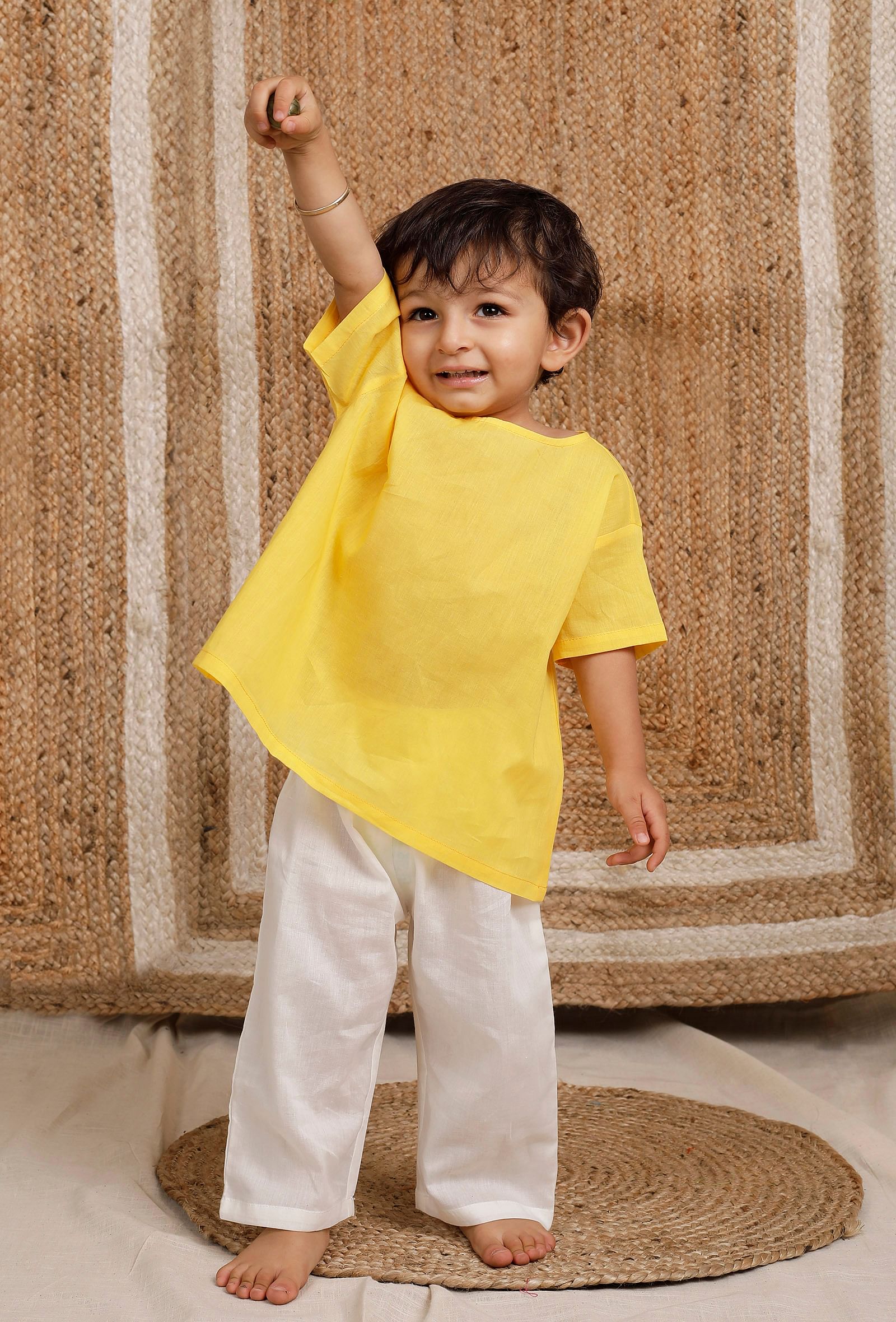 Set Of 2: Yellow Short Mul Mul Kurta With Off-white Pant