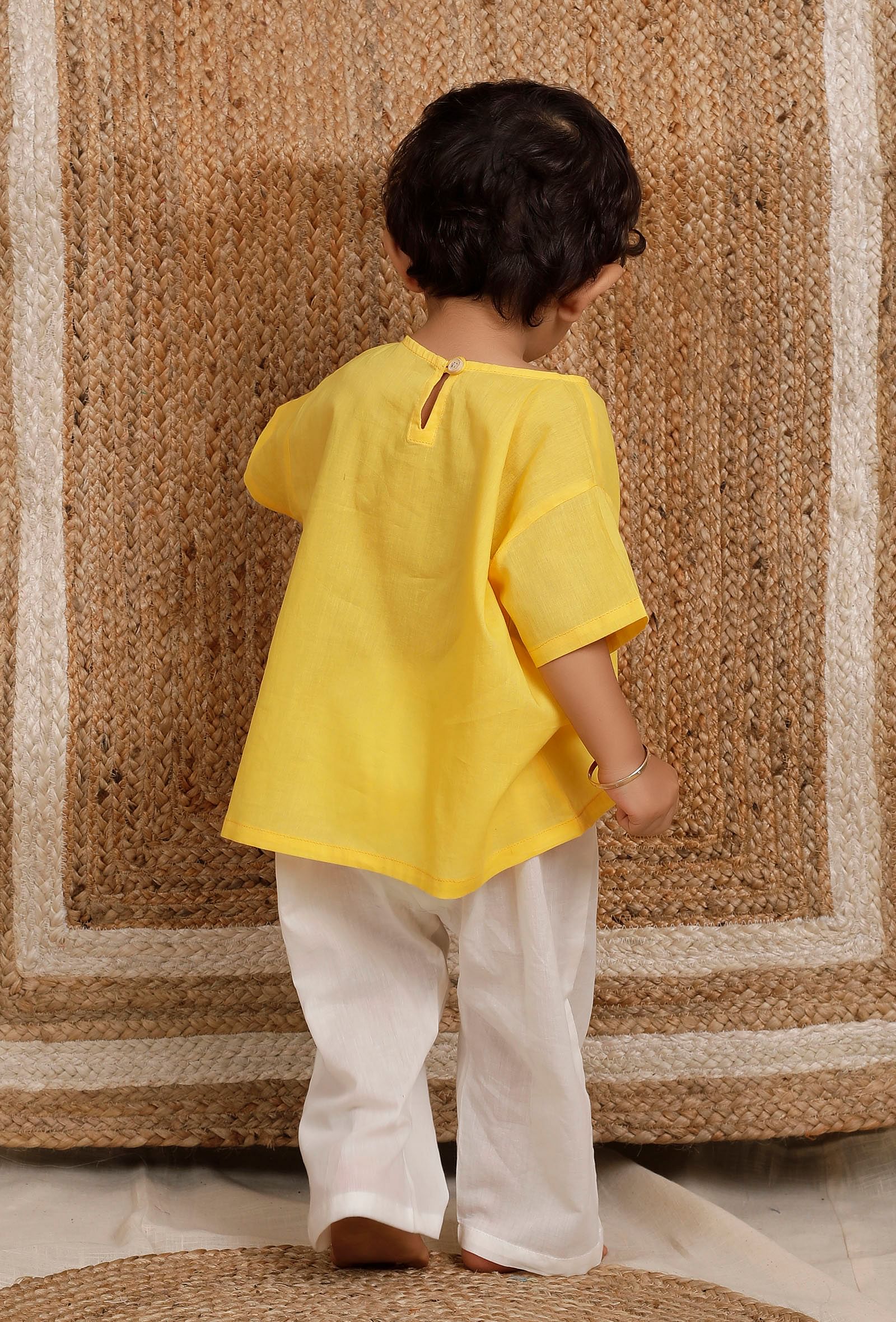 Set Of 2: Yellow Short Mul Mul Kurta With Off-white Pant