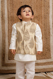 Set Of 3: Off White Cotton Silk Kurta, Pyjama & Golden Brocade Nehru Jacket