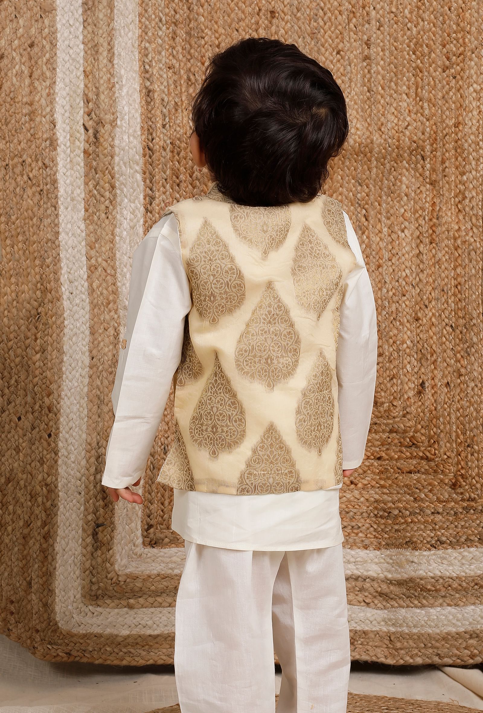 Set Of 3: Off White Cotton Silk Kurta, Pyjama & Golden Brocade Nehru Jacket