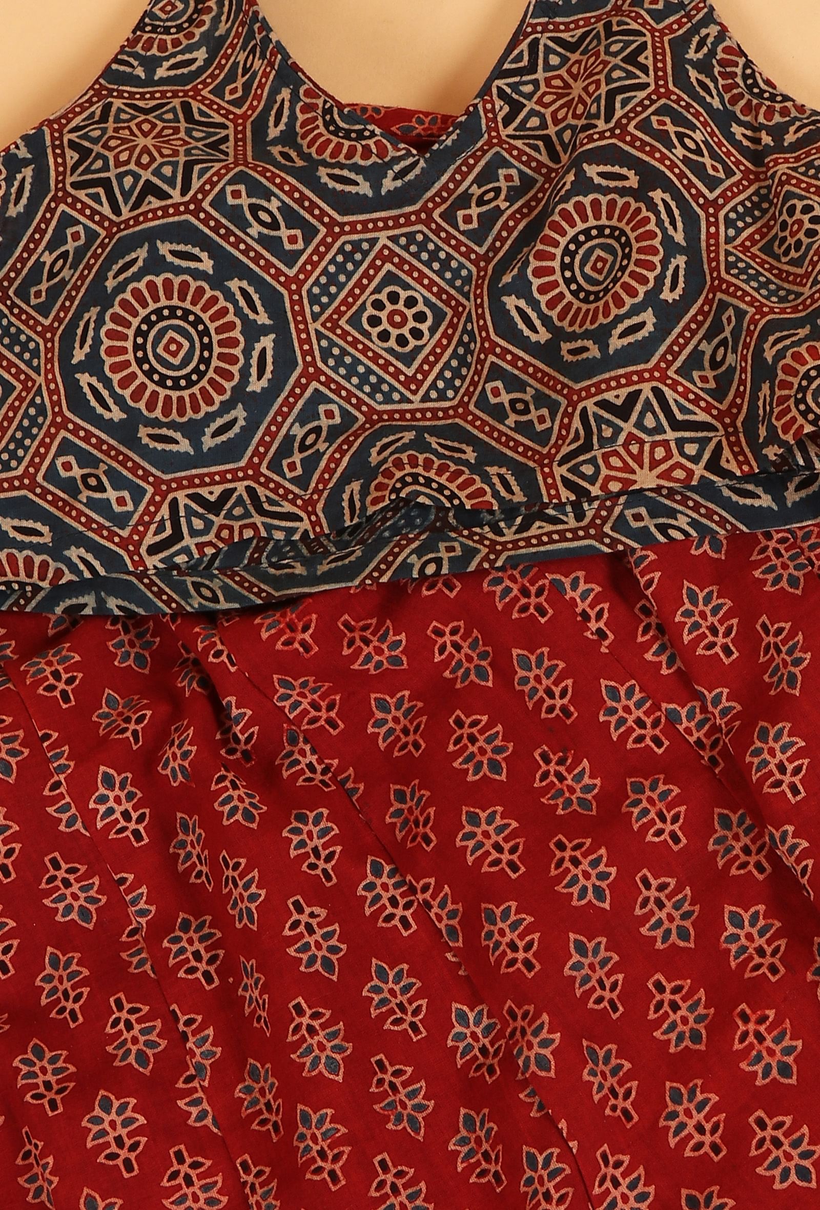 Set Of 2: Luna Indigo Ajrakh Print Cotton Top & Madder Red Skirt
