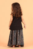 Set Of 2: Ida Black Cotton Kurta & Indigo Multi Ajrakh Print Panel Skirt