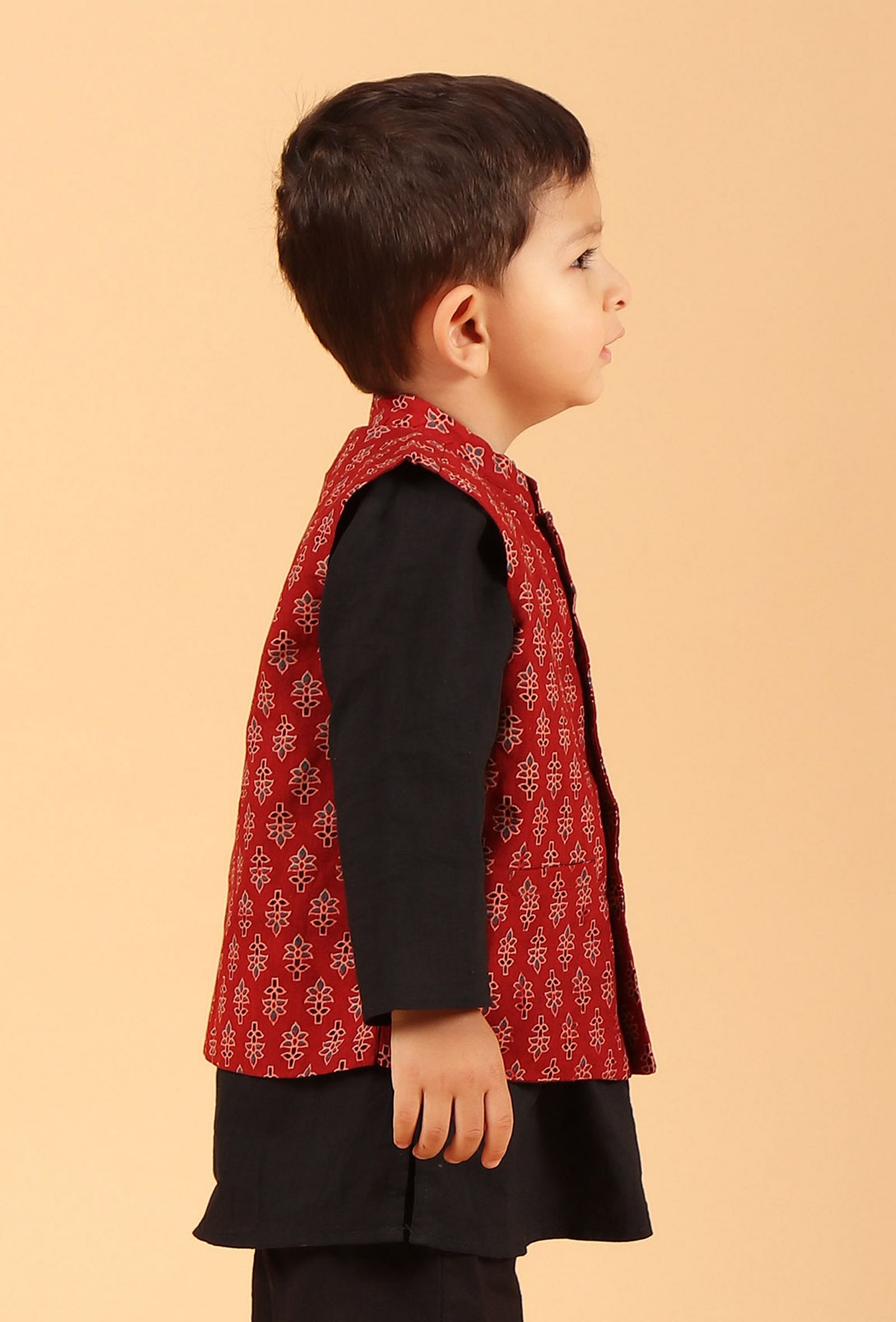 Kavan Madder Red Ajrakh Print Cotton Nehru Jacket