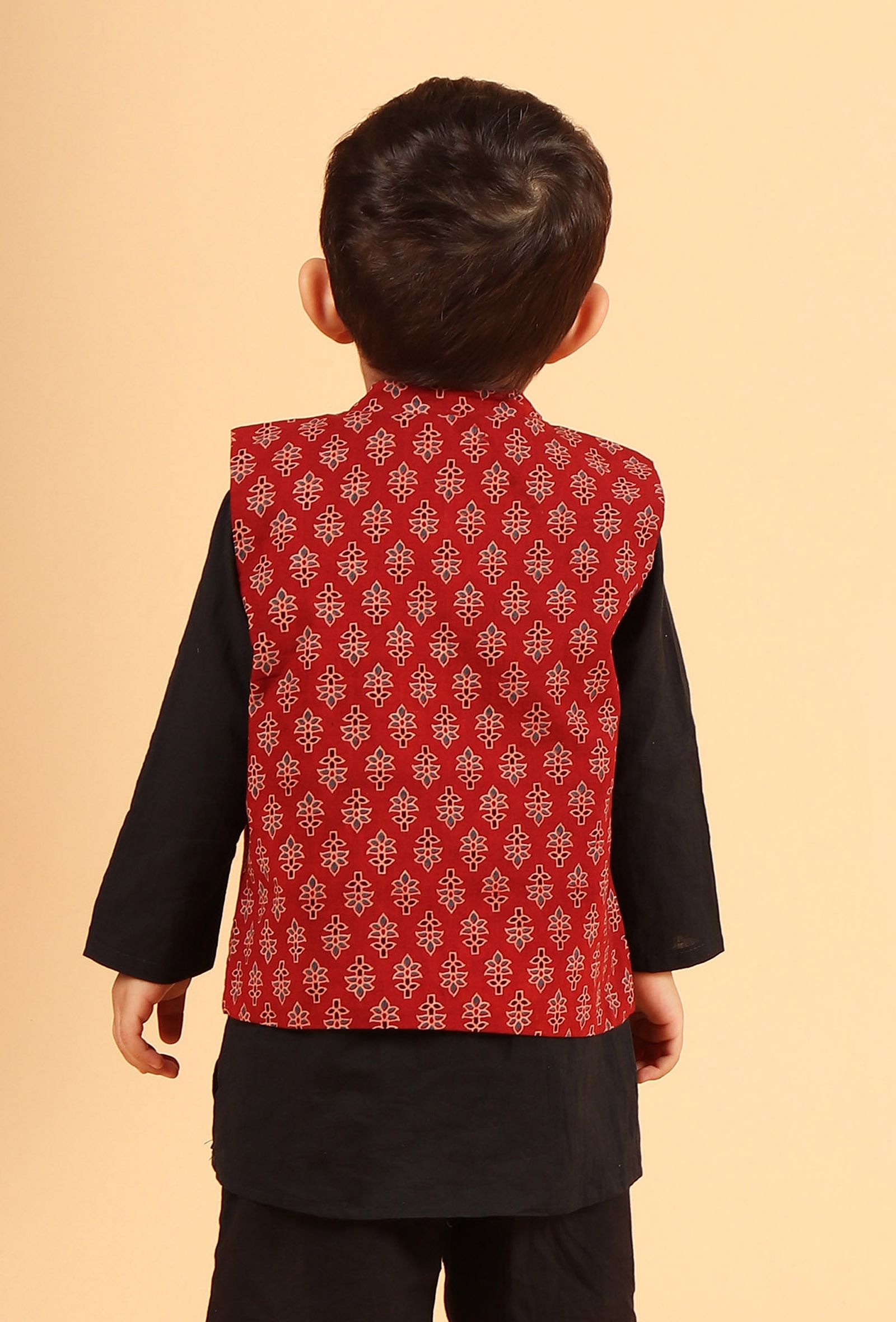 Kavan Madder Red Ajrakh Print Cotton Nehru Jacket