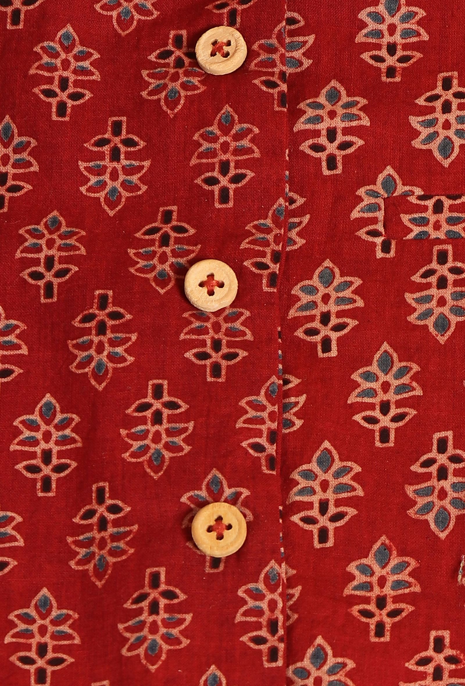 Kavan Madder Red Ajrakh Print Cotton Nehru Jacket