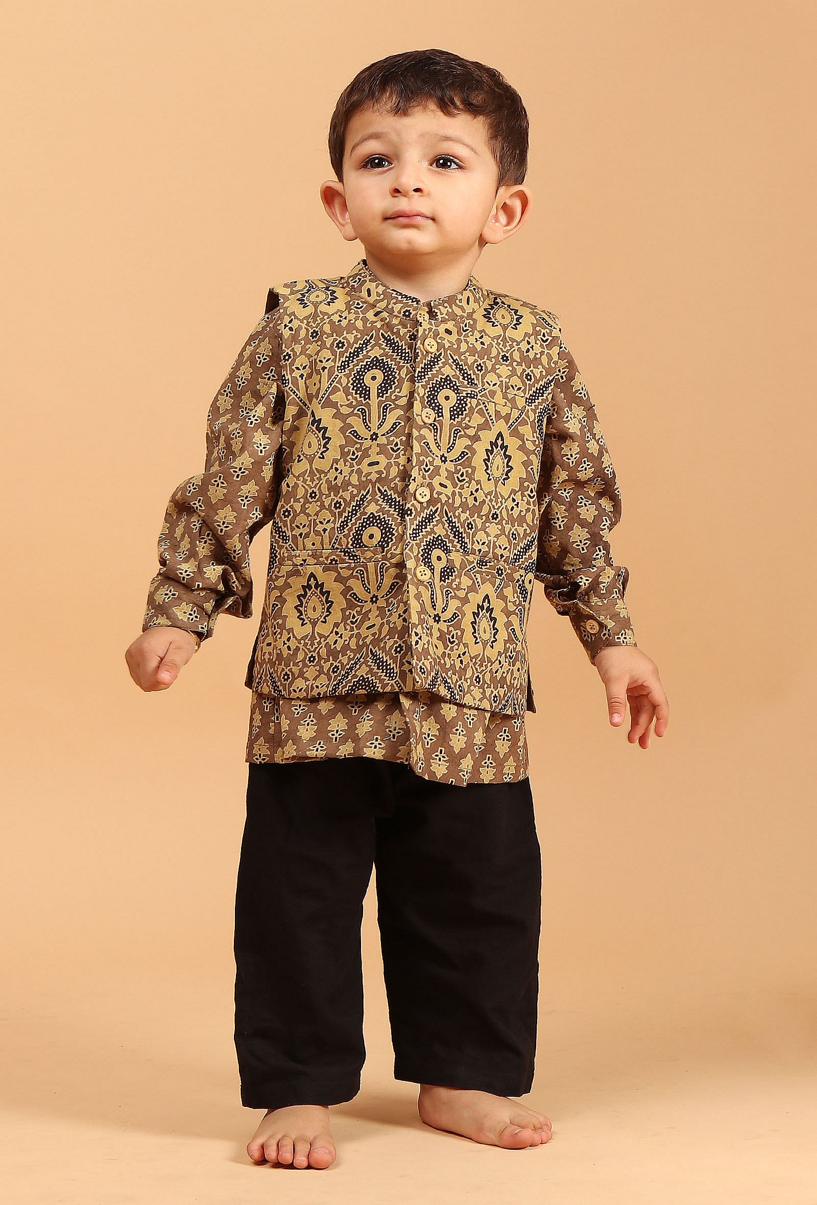 Set of 3: Jivin Khaki Cotton Kurta, Black Pyjama & Khaki Ajrakh Print Jacket