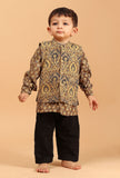 Set of 3: Jivin Khaki Cotton Kurta, Black Pyjama & Khaki Ajrakh Print Jacket