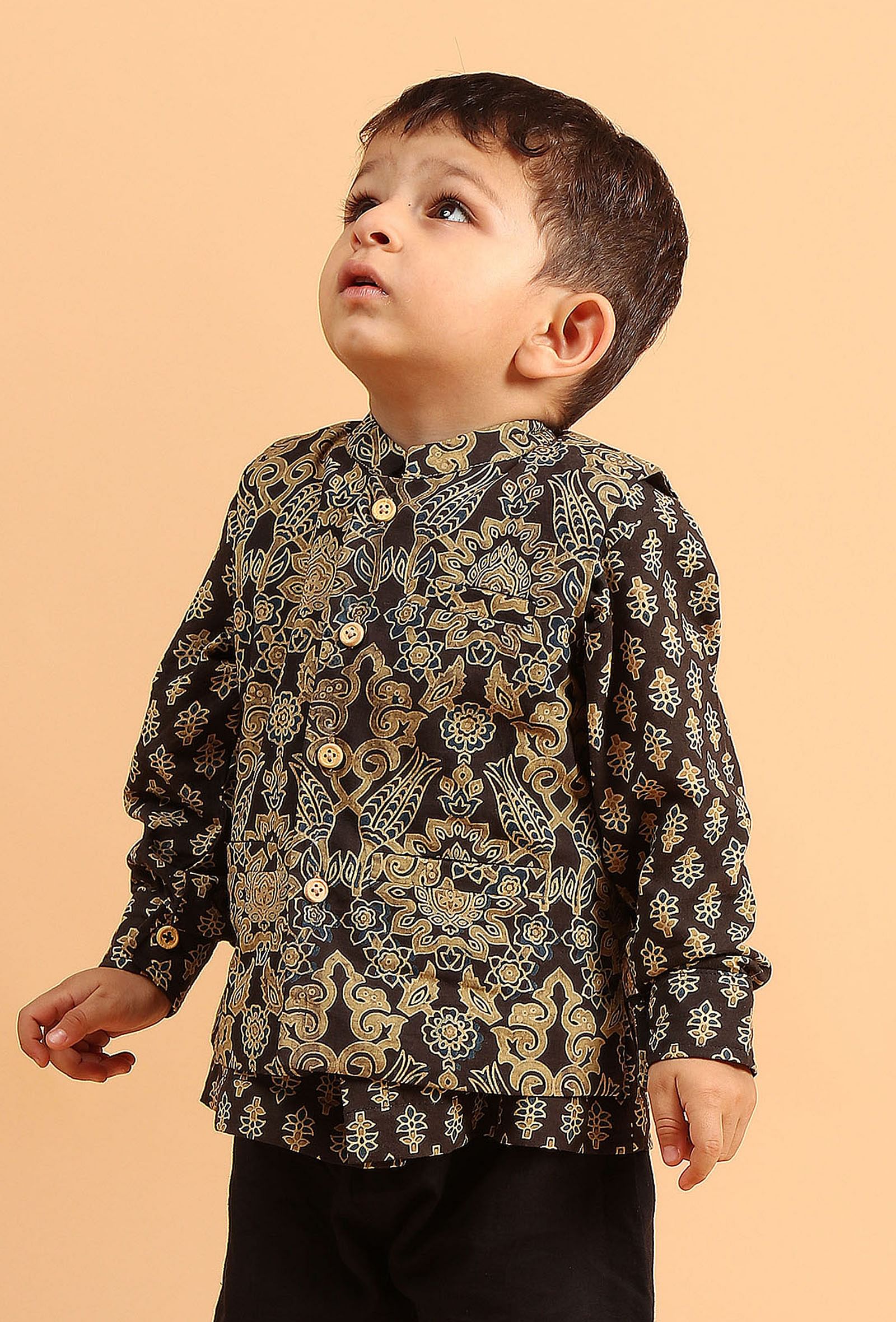 Parv Black Ajrakh Print Cotton Nehru Jacket
