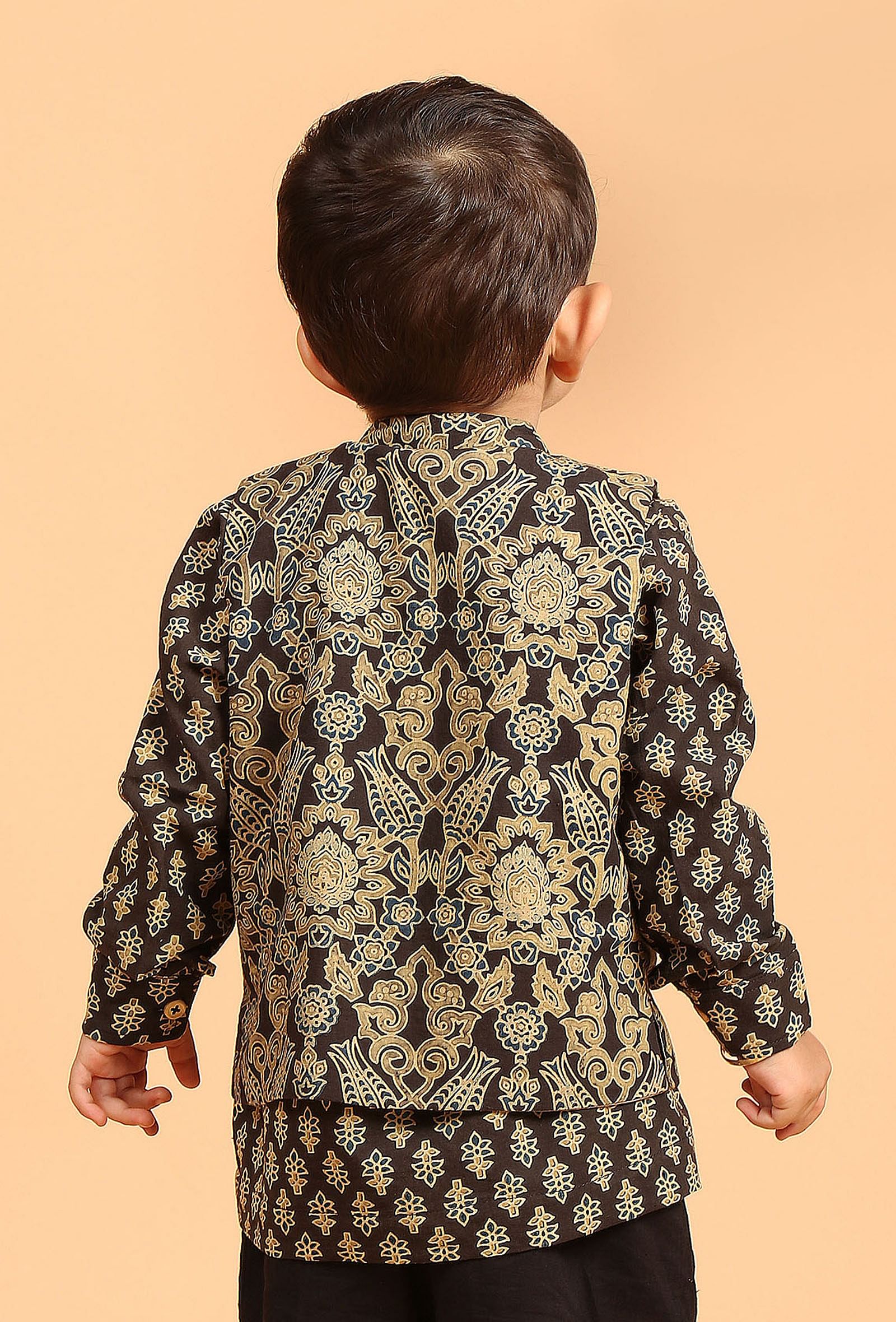 Parv Black Ajrakh Print Cotton Nehru Jacket