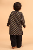 Set Of 2: Rodas Black Ajrakh Print Cotton Kurta & Black Pyjama