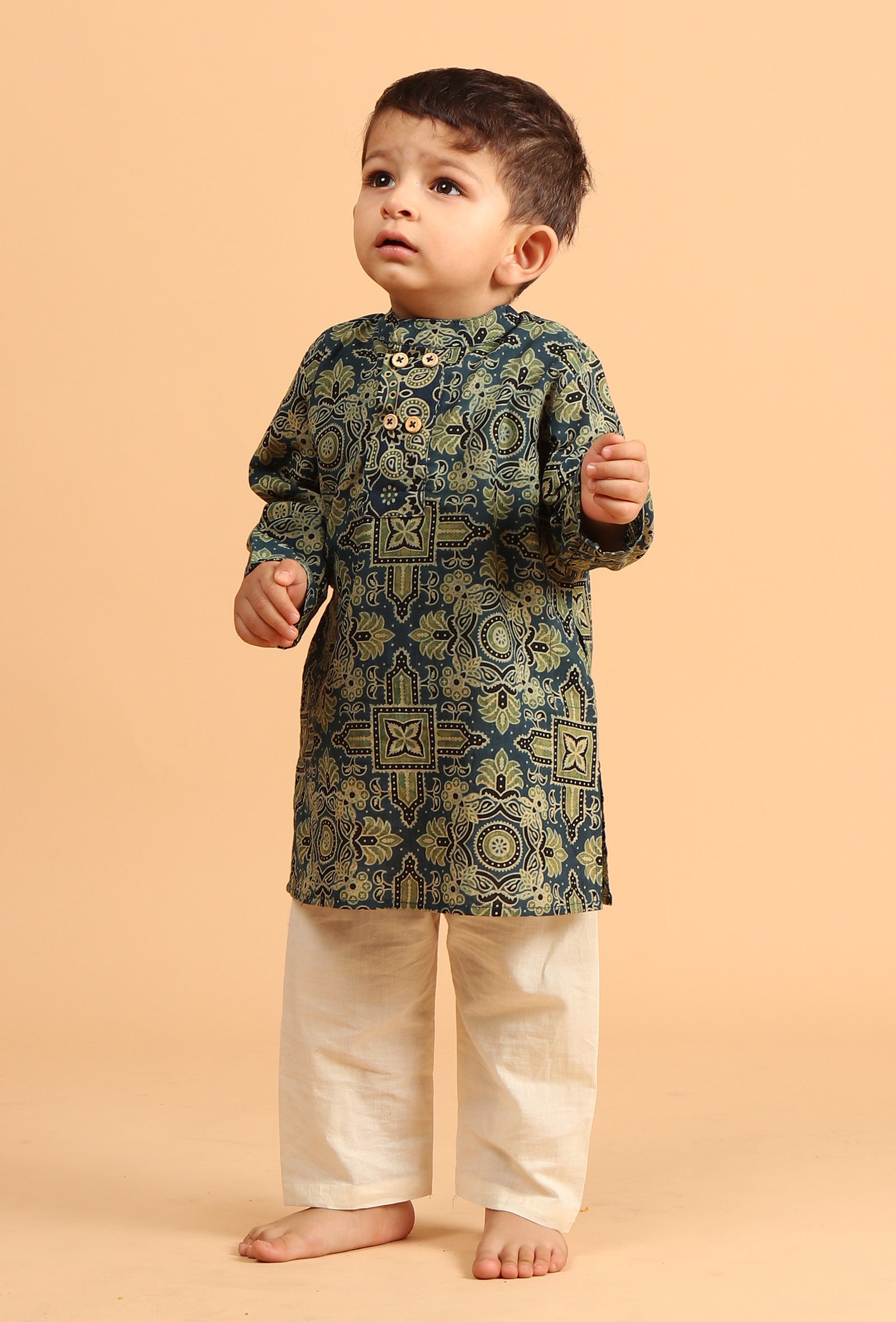 Divij Indigo Ajrakh Print Cotton Kurta & Off White Pyjama