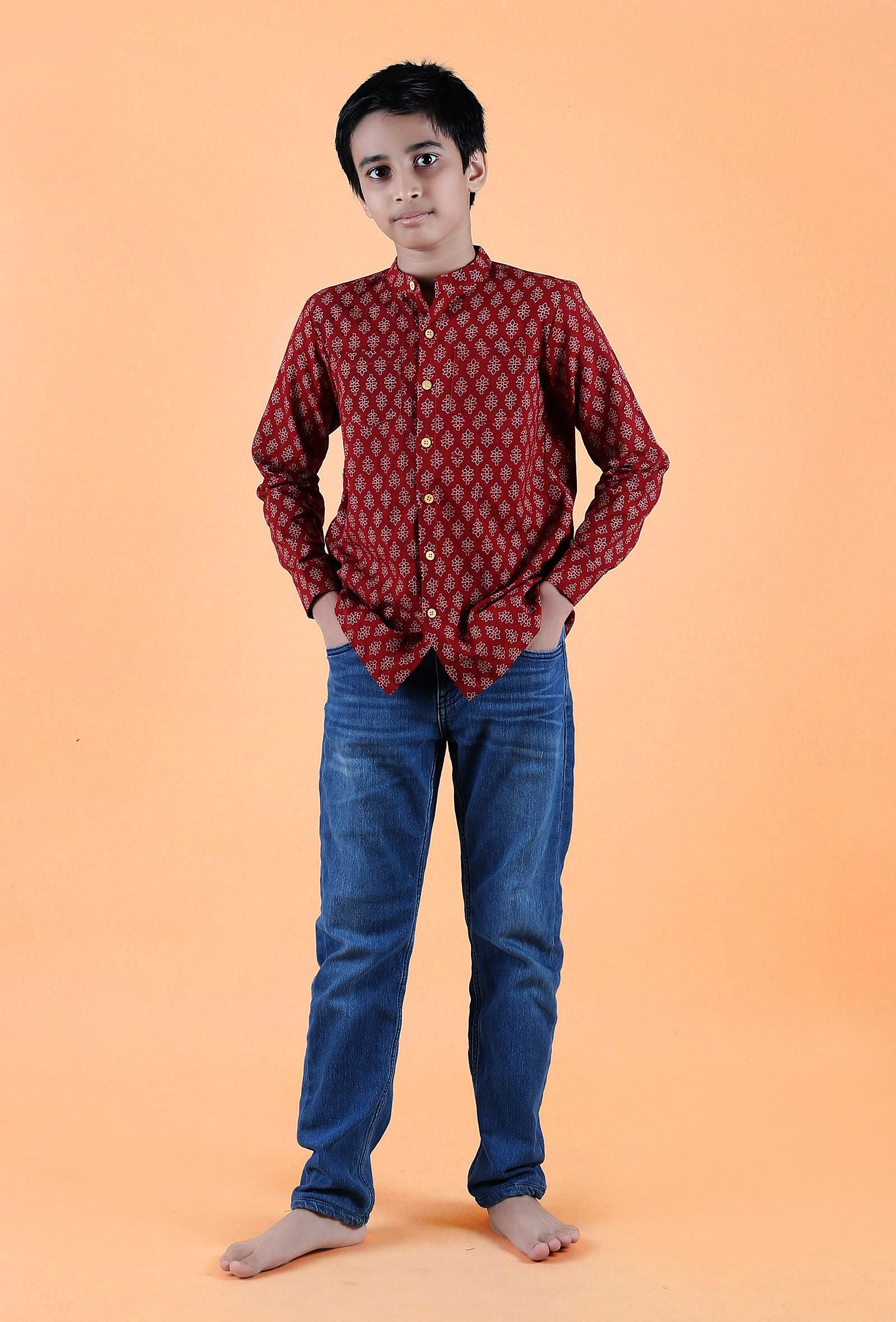 Aaron Madder Red Ajrakh Print Cotton Super Short Kurta