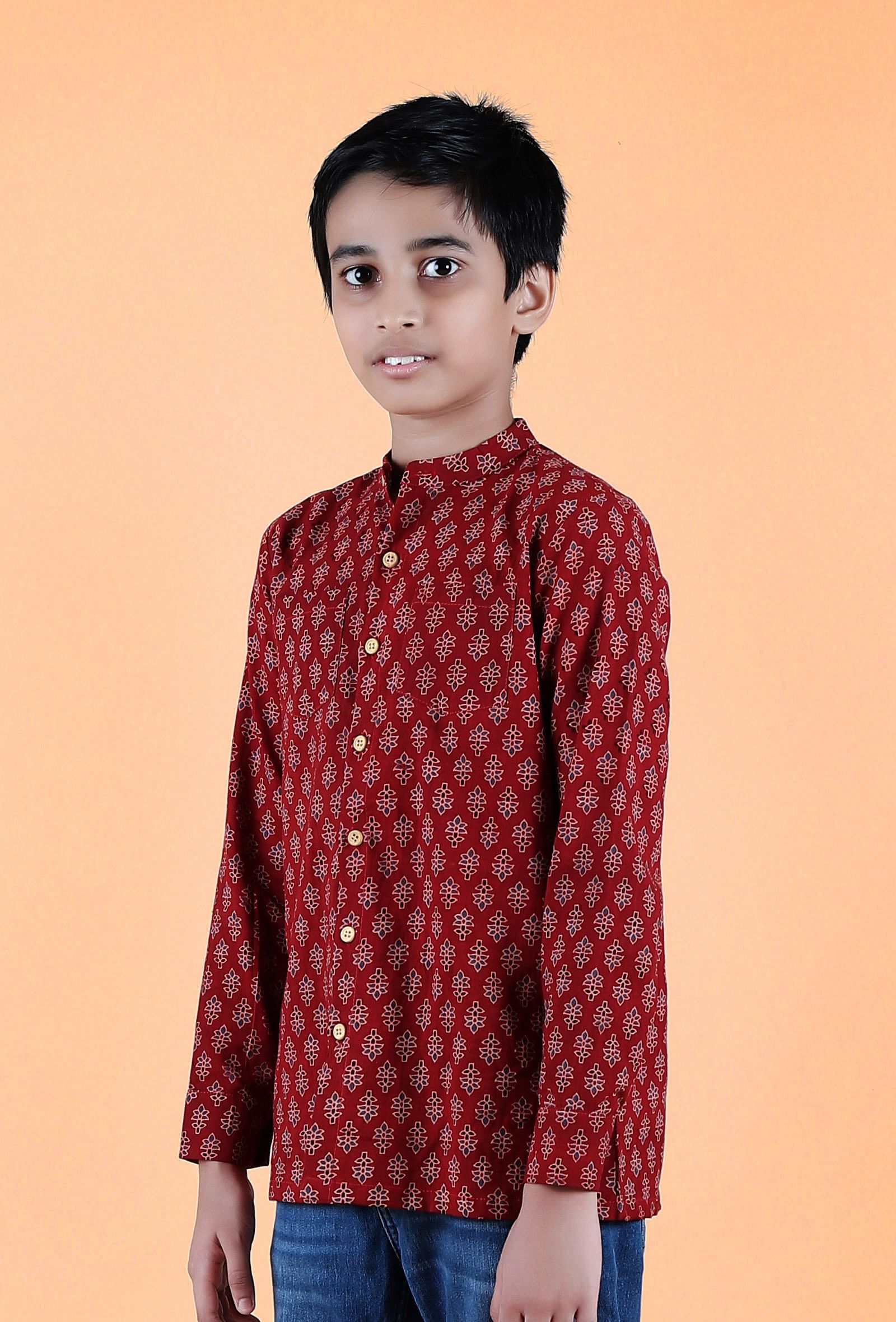 Aaron Madder Red Ajrakh Print Cotton Super Short Kurta