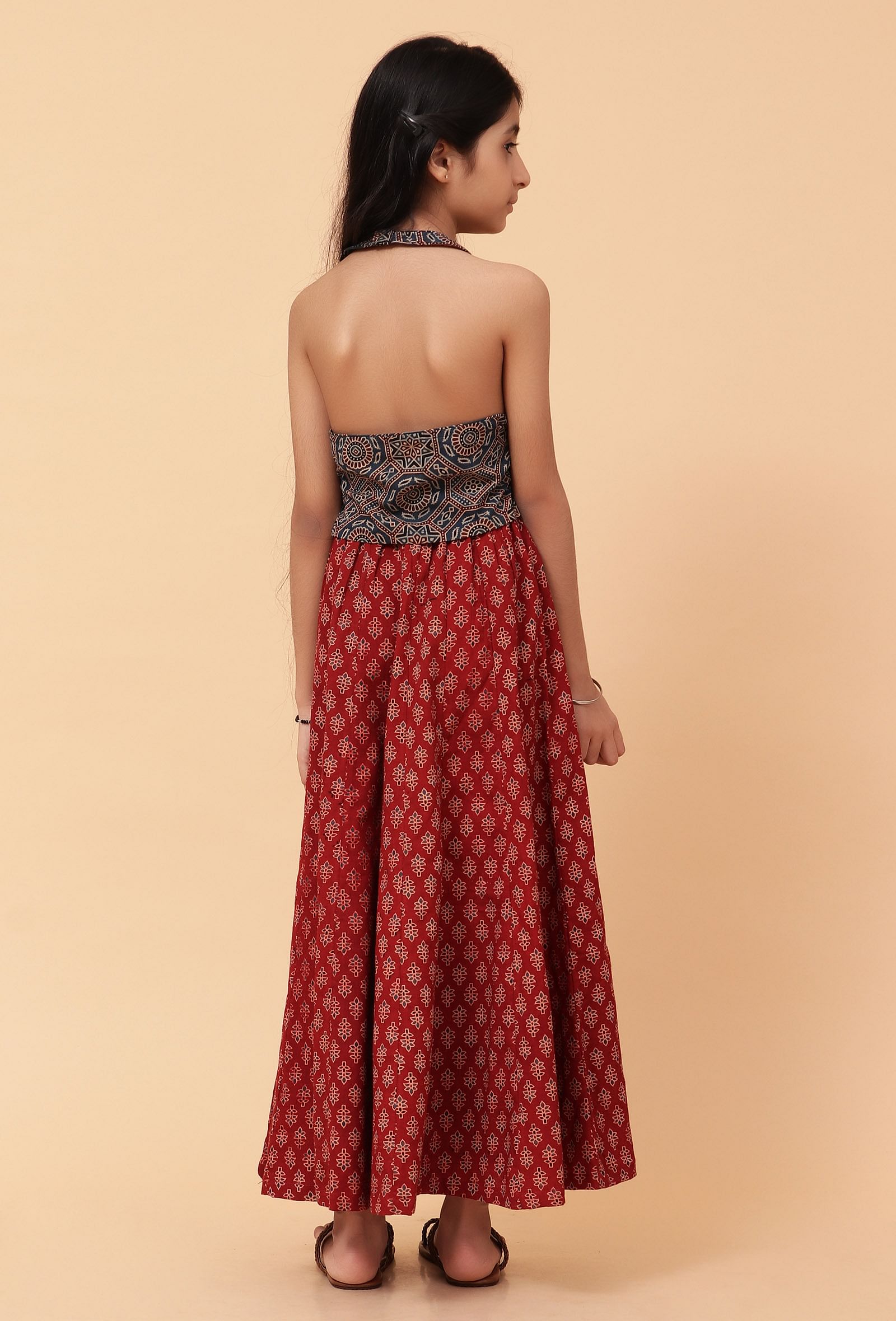 Set Of 2: Ana Indigo Ajrakh Print Cotton Top & Madder Red Skirt