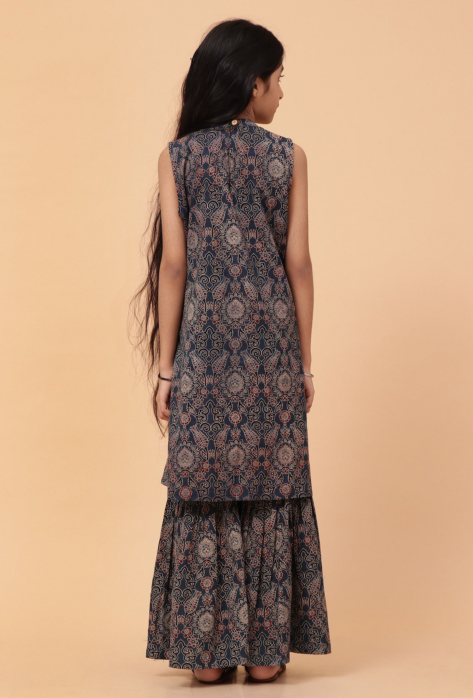 Set Of 2: Ari Indigo Multi Ajrakh Print Cotton Kurta & Sharara Pant