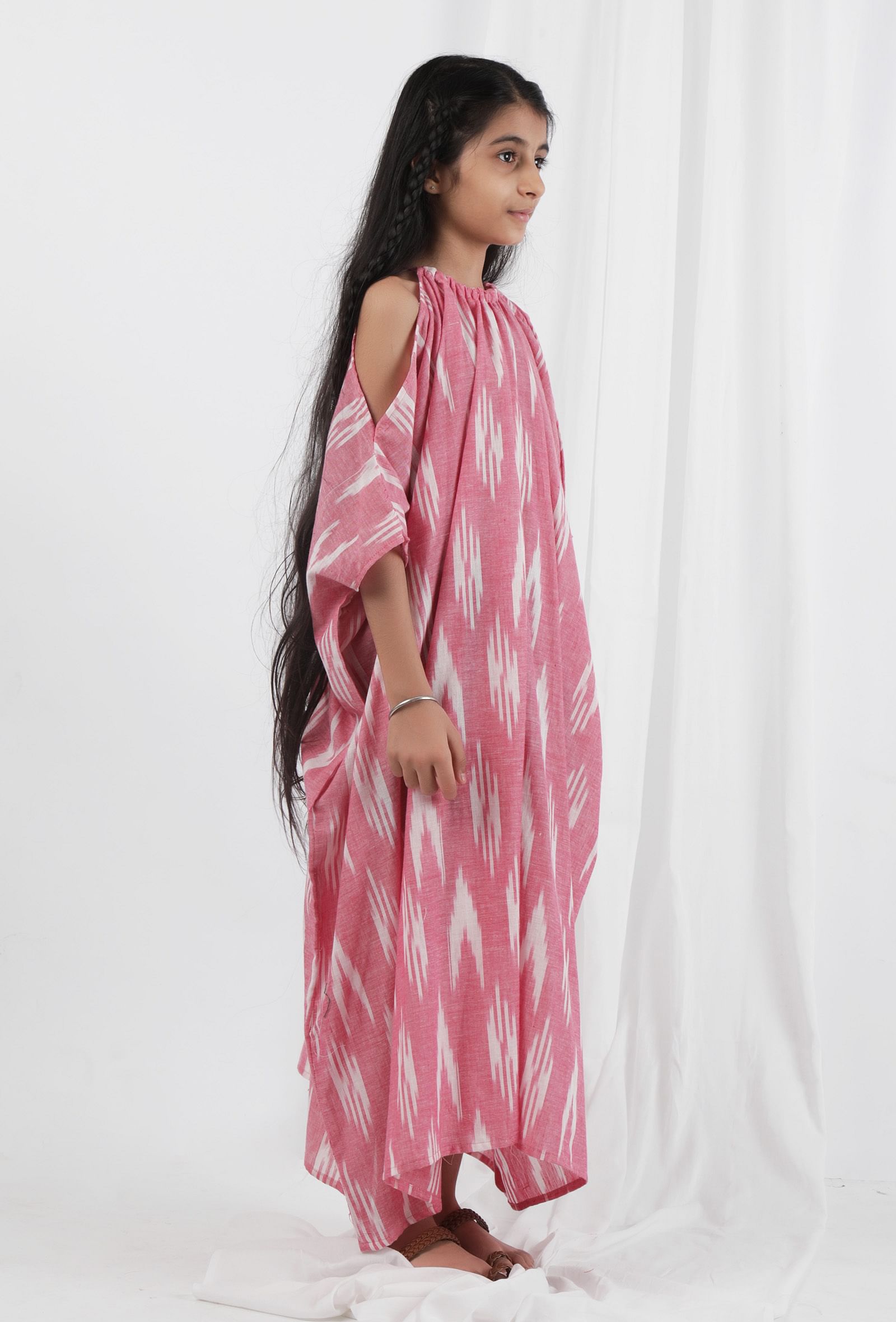 Pink Ikat Tie Up Kaftan Cotton Dress