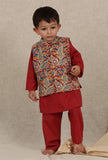 Set Of 3: Ahim Maroon Red Cotton Kurta, Pyjama With Kalamkari Nehru Jacket