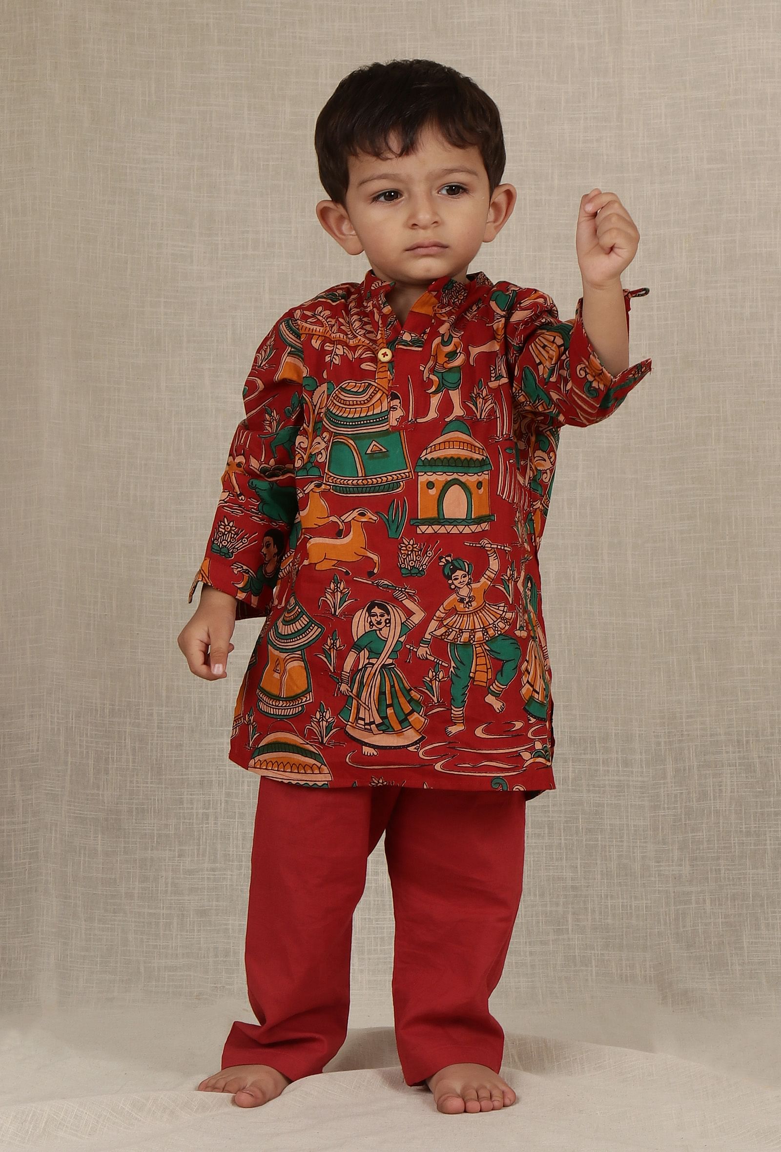 Set Of 2: Laksh Red Kalamkari Printed Cotton Kurta & Maroon Red Pyjama