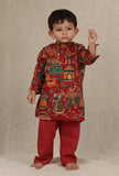 Set Of 2: Laksh Red Kalamkari Printed Cotton Kurta & Maroon Red Pyjama