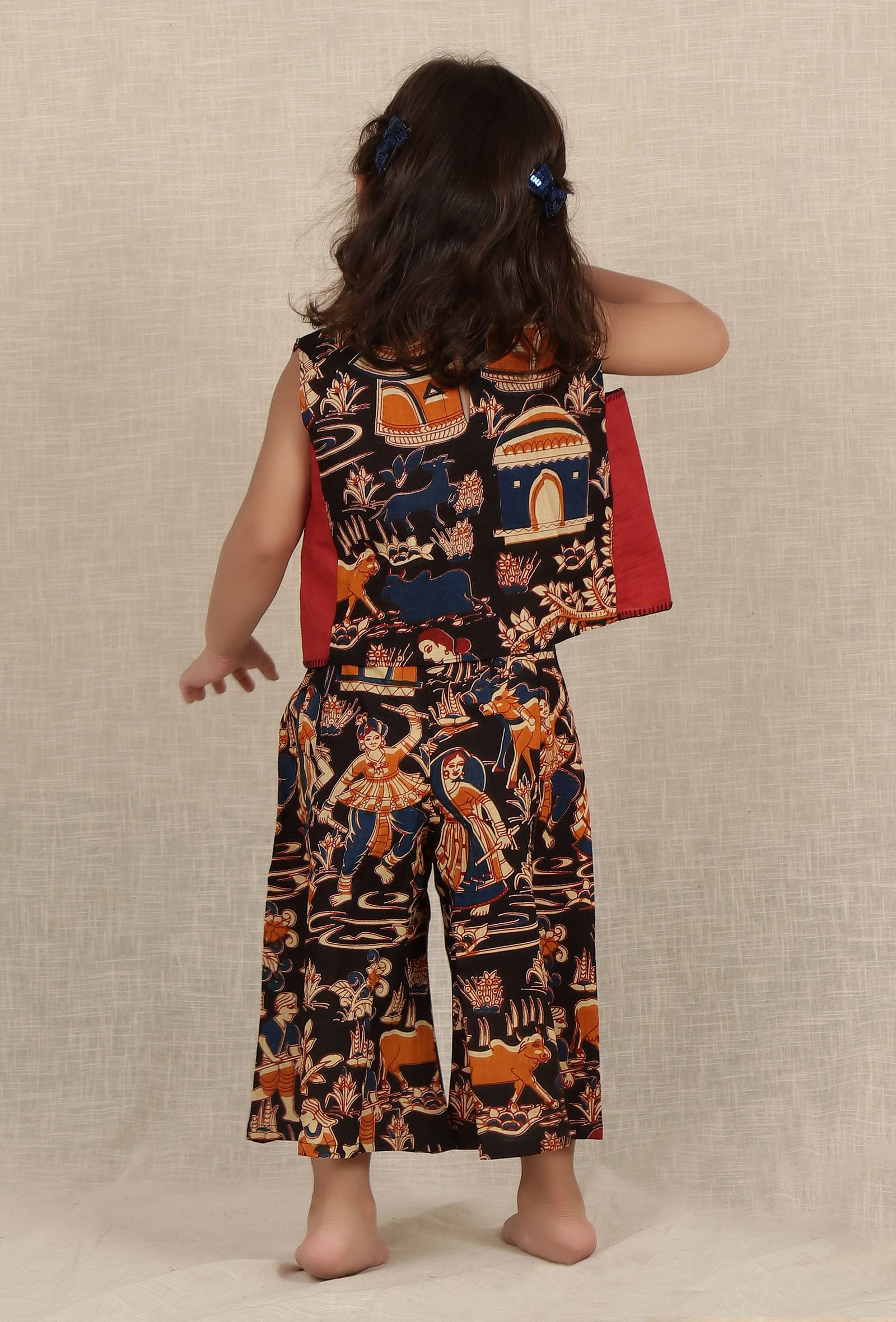 Set Of 2: Oorja Black Kalamkari Short Cotton Top & Palazzo Pant
