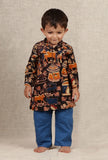 Set Of 2: Milan Black Kalamkari Printed Cotton Kurta & Blue Pyjama