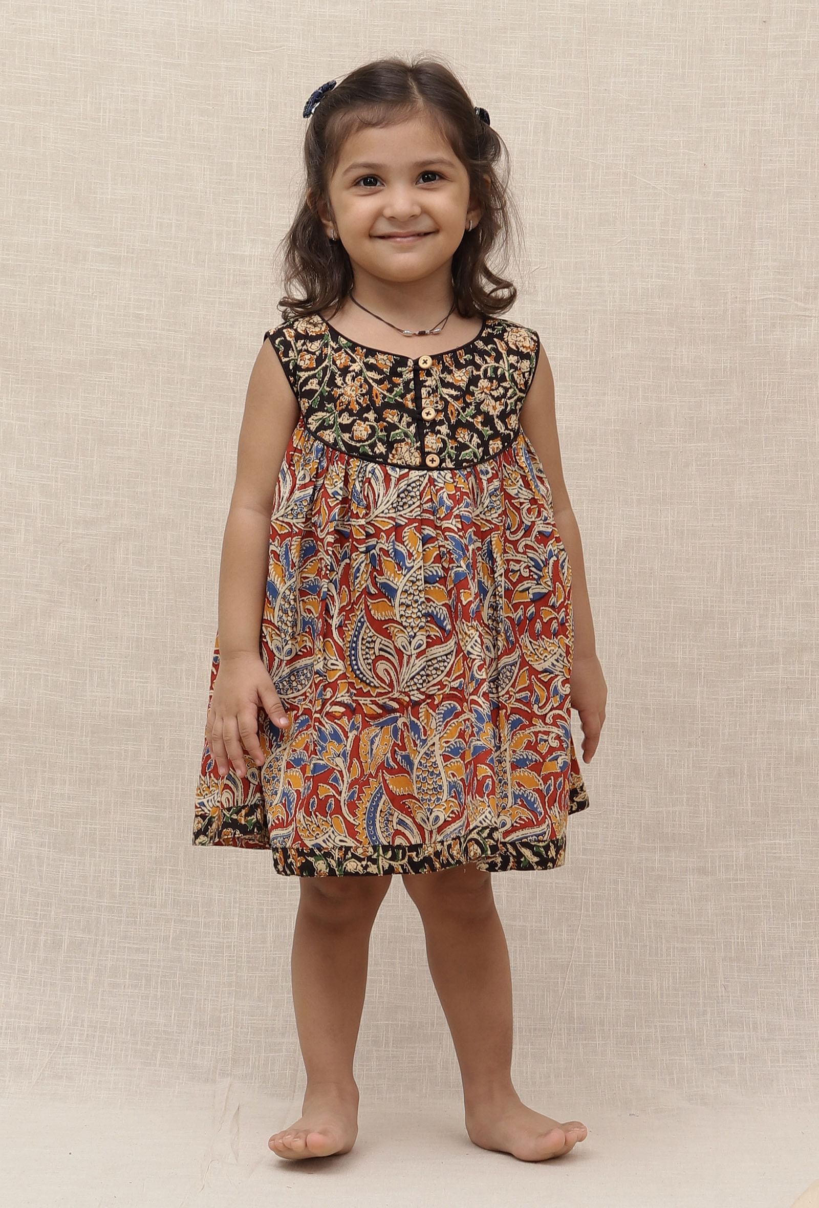 Ihina Black & Maroon Red Kalamkari Printed Cotton Dress