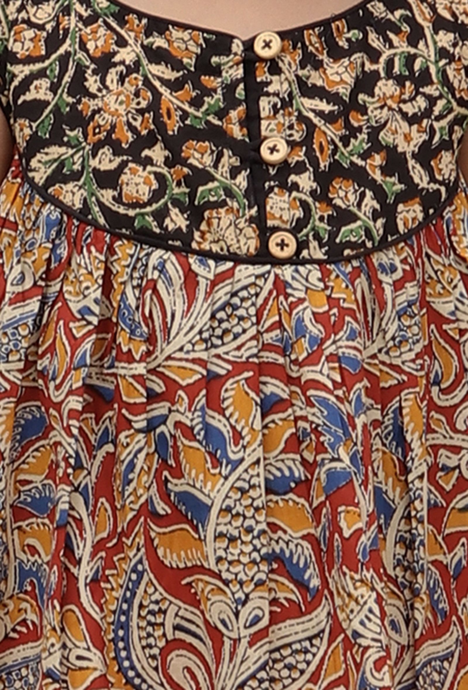 Ihina Black & Maroon Red Kalamkari Printed Cotton Dress