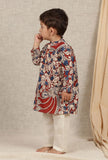 Set Of 2: Ranav Maroon & Beige Cream Kalamkari Printed Cotton Kurta & Off-white Pyjama