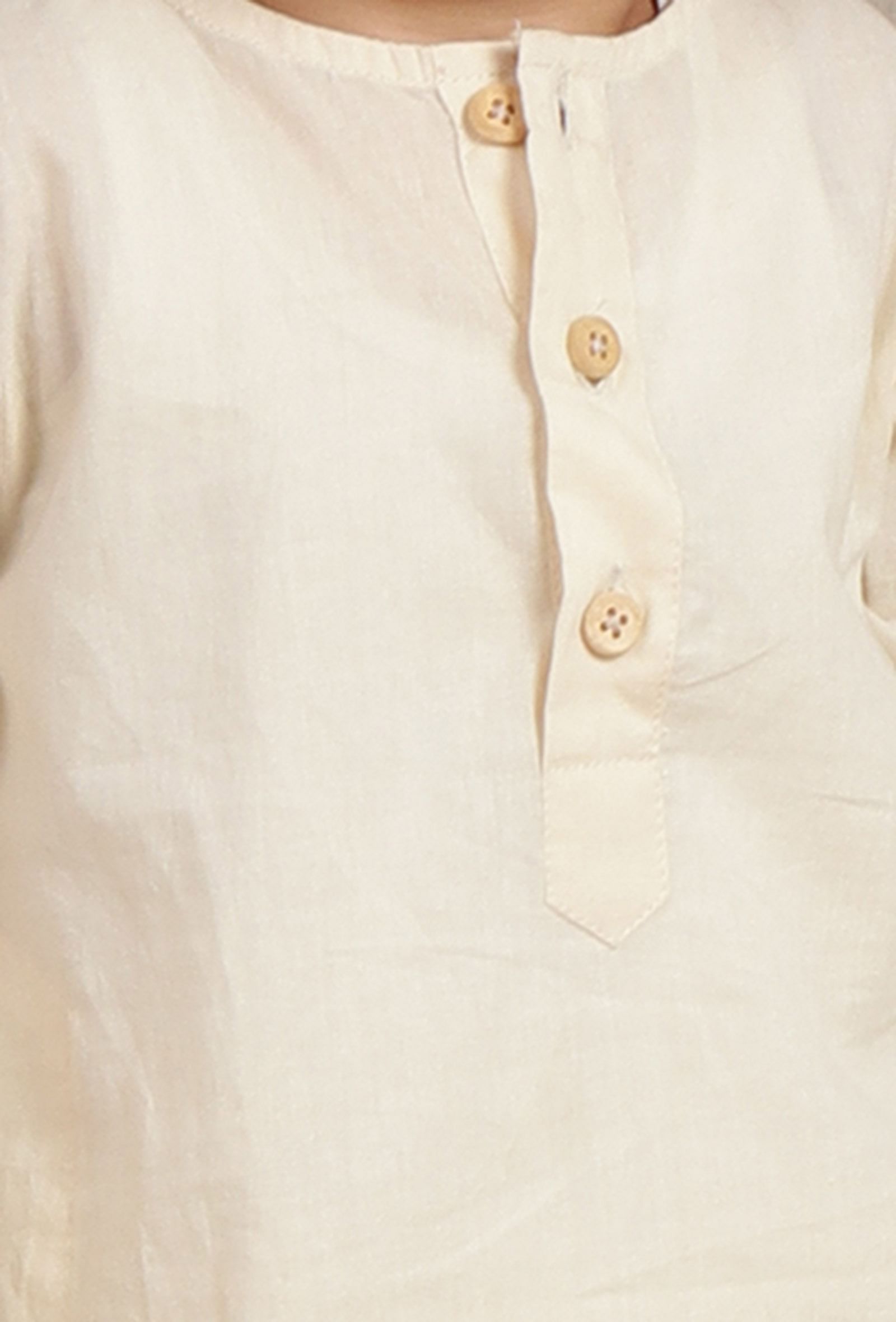 Set Of 3: Angad Off-white Cotton Kurta, Pyjama & Beige Cream Kalamkari Nehru Jacket