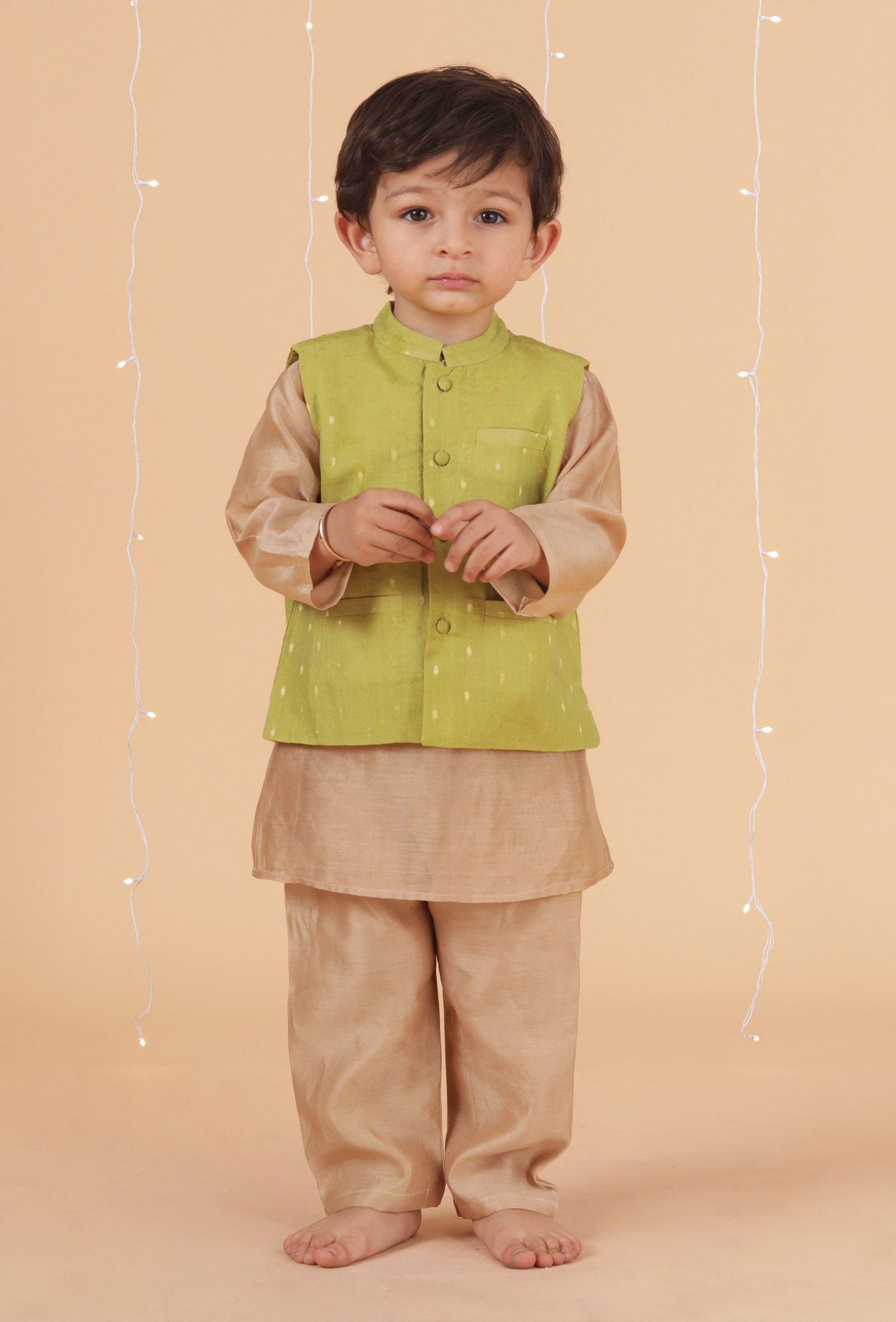 Set Of 3: Golden Chanderi Kurta, Pajama & Green Buti Nehru Jacket