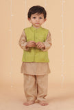 Set Of 3: Golden Chanderi Kurta, Pajama & Green Buti Nehru Jacket