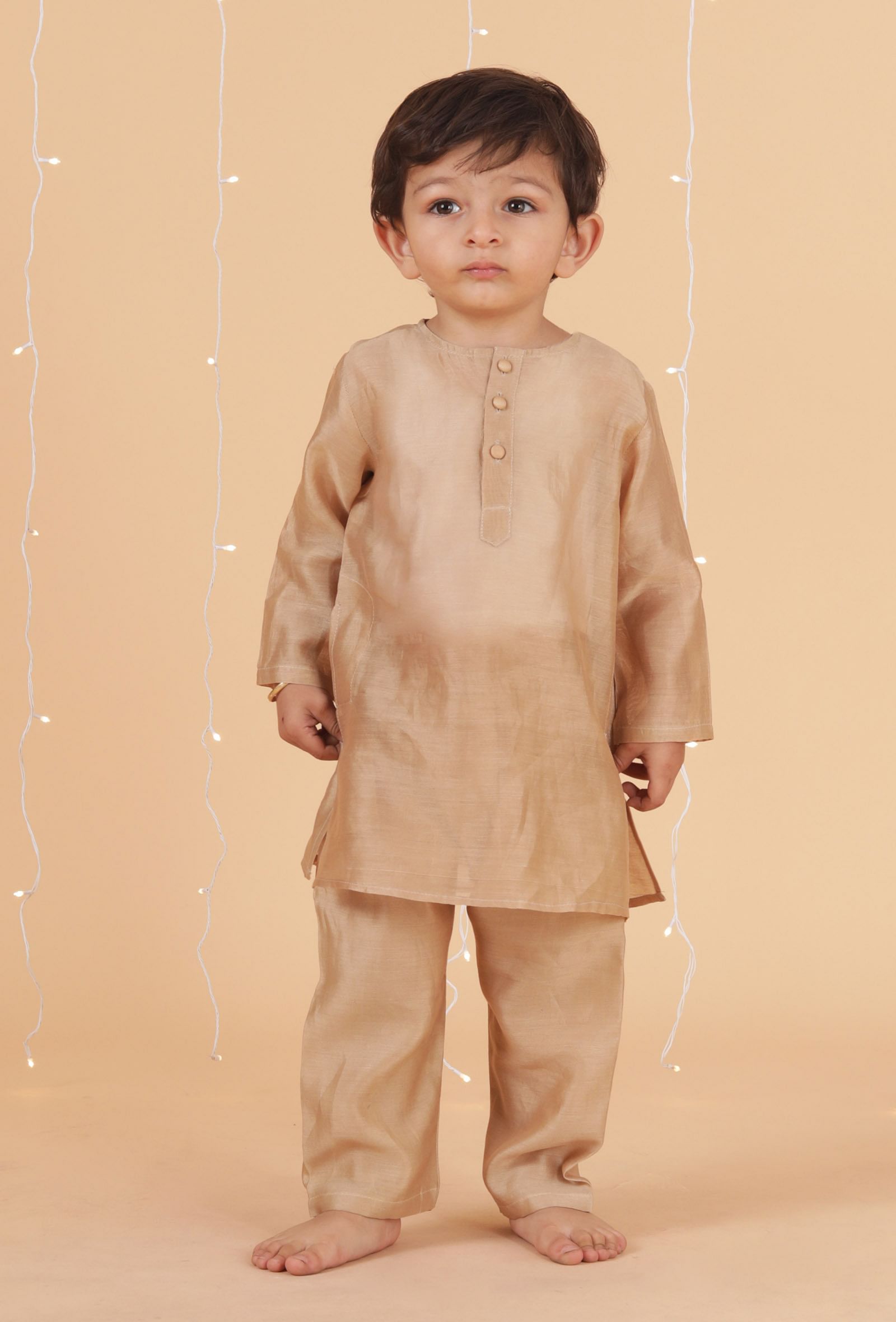 Set Of 3: Golden Chanderi Kurta, Pajama & Green Buti Nehru Jacket