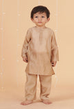 Set Of 3: Golden Chanderi Kurta, Pajama & Green Buti Nehru Jacket